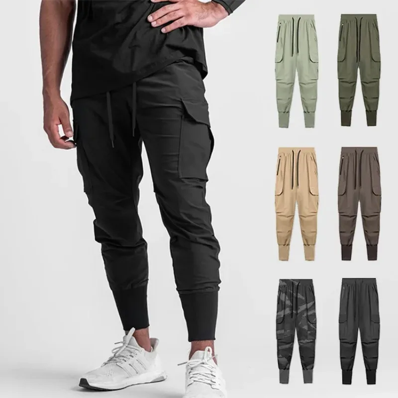 Mens Casual Pants Men Clothing Long Pants Ice Silk Pants Athletic Skinny Multi-pocket Running Trouser Slim Summer Stretch New