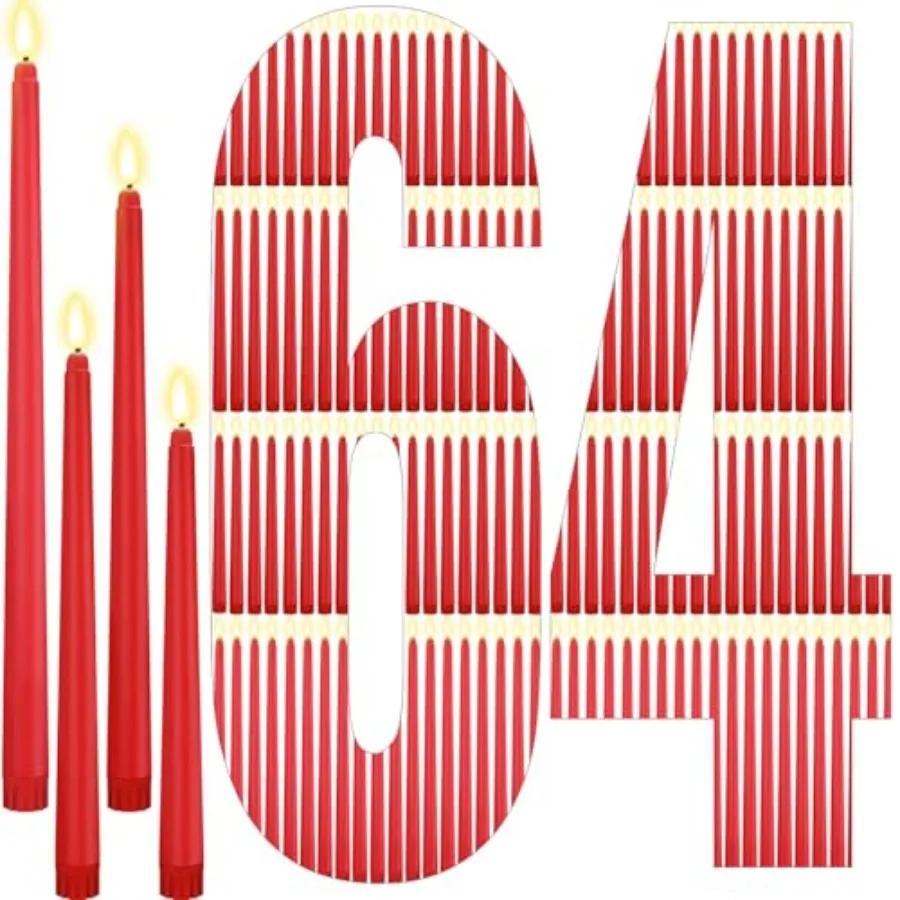 

64 шт. беспламенных светодиодных свечей-конусов на батарейках, 4 размера: 8.5'', 9.65'', 10.83'', 12.8'', мерцающие, для подсвечников