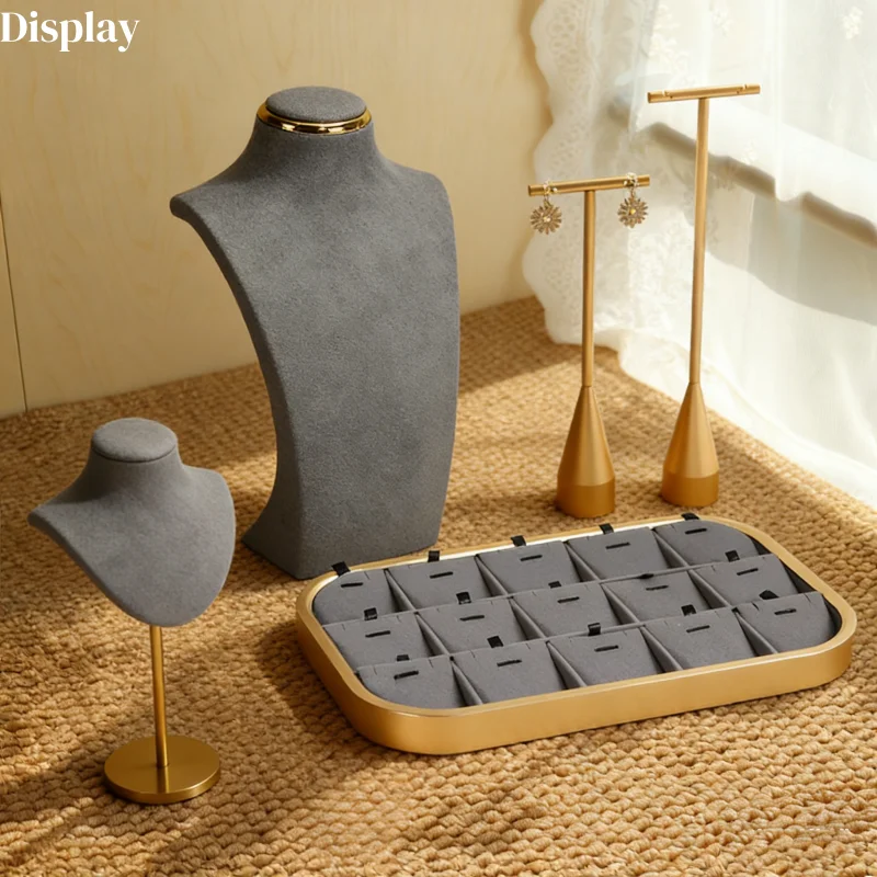 Multi-Functional Jewelry Display Stand, Gray Suede Bust Necklace Holder with Metal Earring Holder, Bracelet Stand & Jewelry Tray