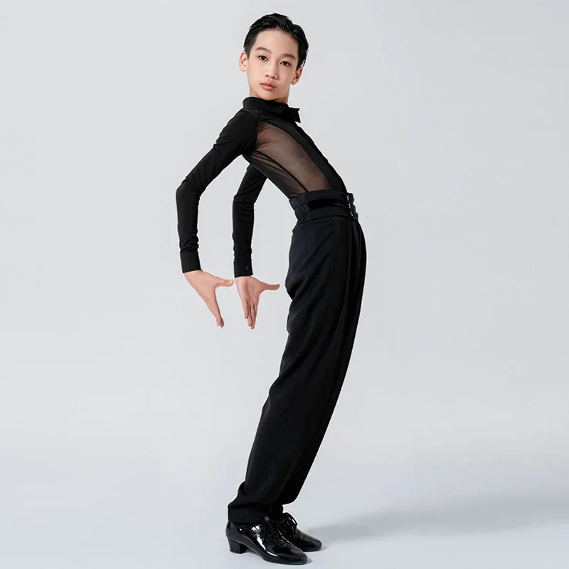 ملابس تدريب الرقص، أزياء أداء الرقص اللاتينية الجديدة للأولاد، قطع علوية شبكية، سراويل تناسب قاعة الرقص السامبا للأطفال