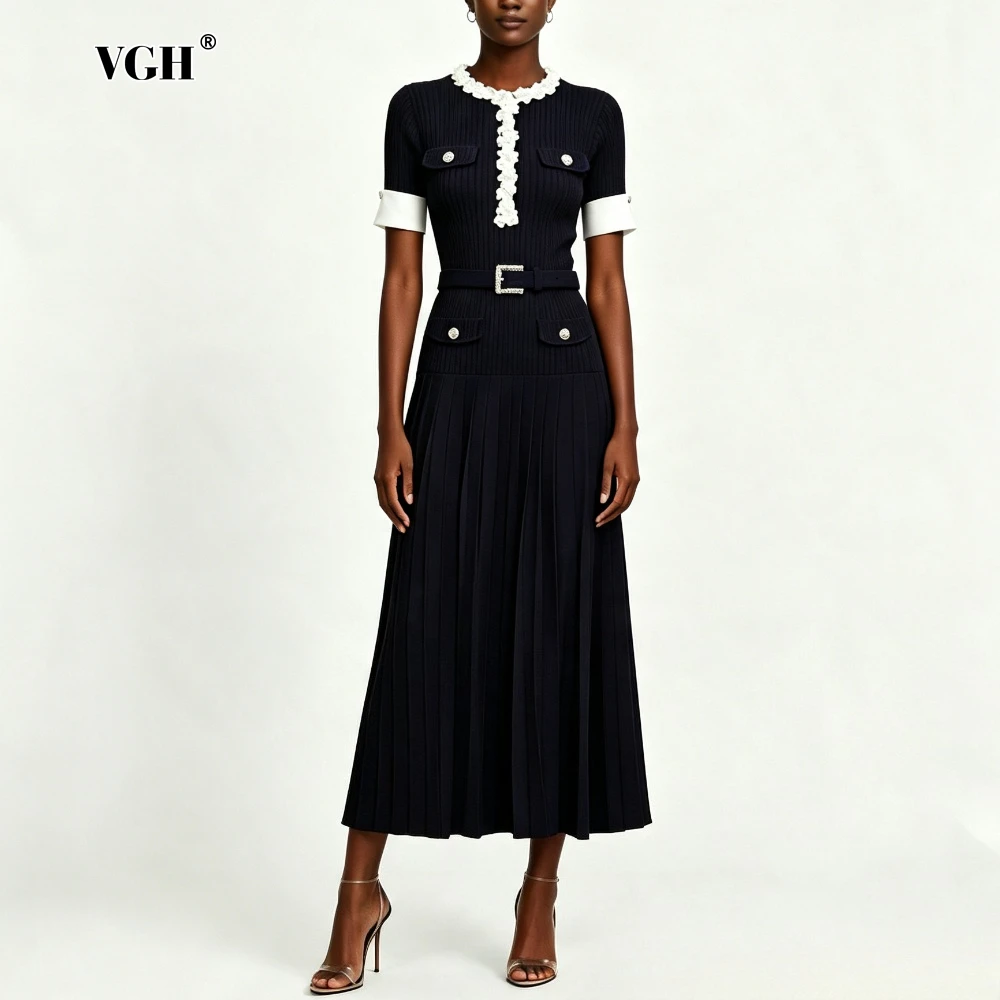 VGH Solid Chic Midi Dresses for Women Round Neck Cuffed Short Sleeve Loose Belt Pleated Skirt for Summer Office Daily New Style