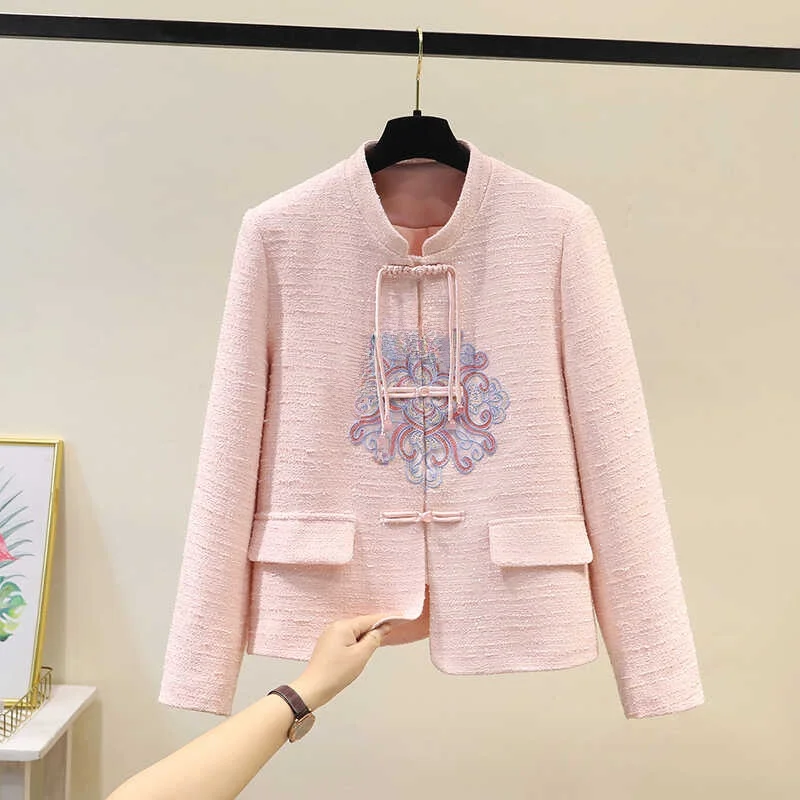 

New Chinese Sle ort Embroidered Woolen Coat for Women Spring Autumn Vintage Button up Knitwear Top Knot Design