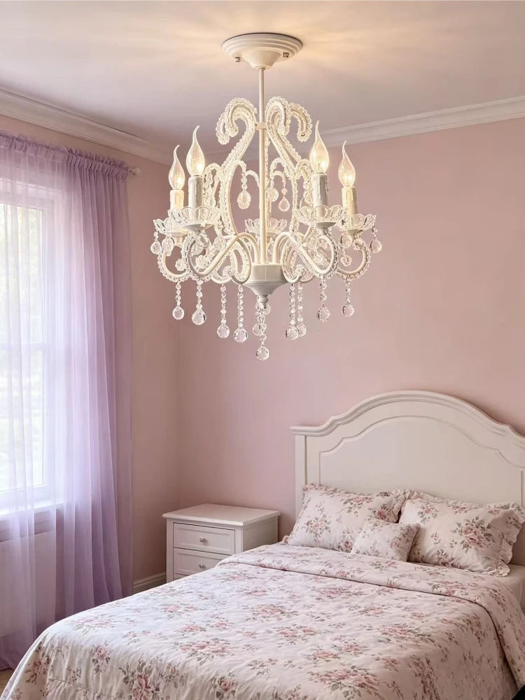 White pendant lamp, princess lamp in bedroom, second bedroom, Korean style countryside, fresh Mediterranean crystal pendant lamp