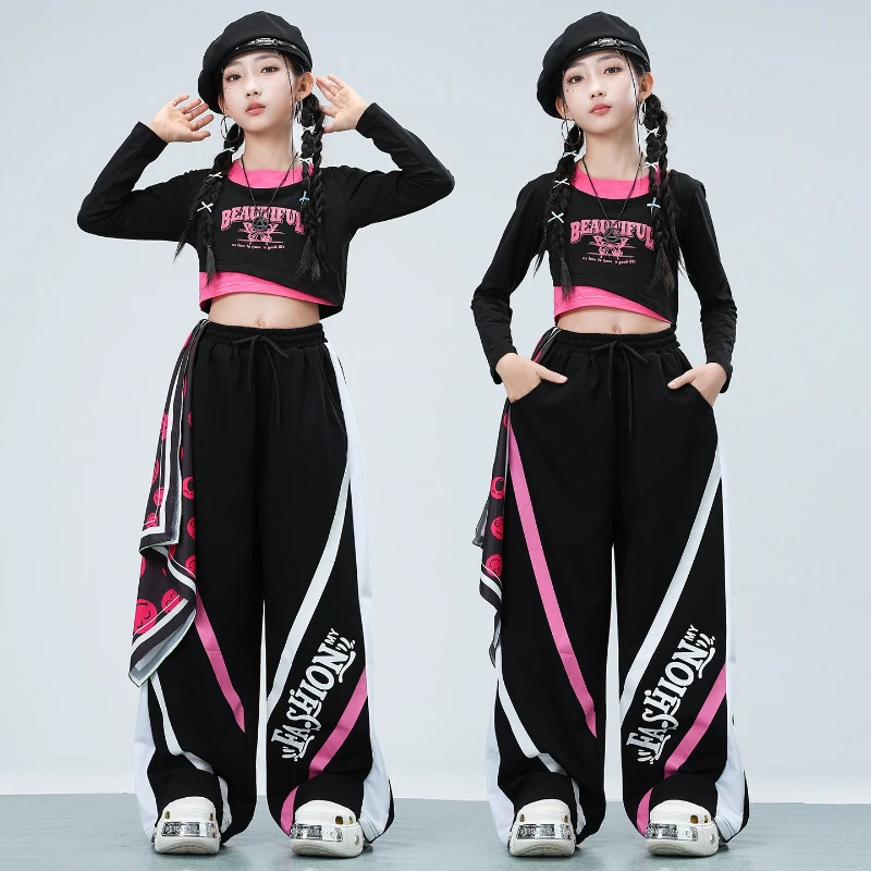 Girls Hip Hop Clothing Long Sleeve Crop Top Baggy Pants Jazz Dance Costume Sets Group Streetwear Outfits Cool Stage Wear Suit