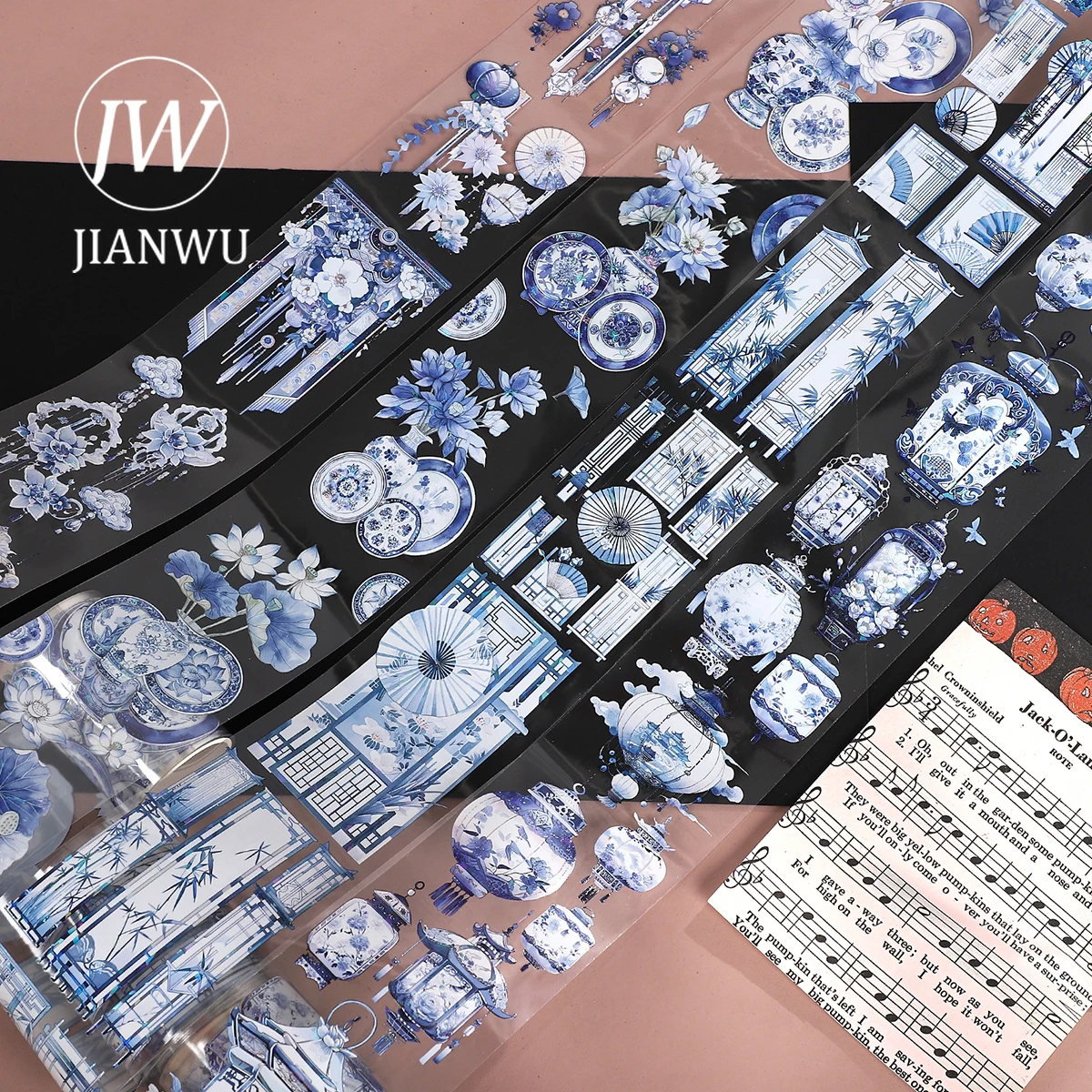 JIANWU 60mm*200cm Vintage Blue and White Porcelain Character Landscaping Material Collage PET Tape Creative Journal Stationery