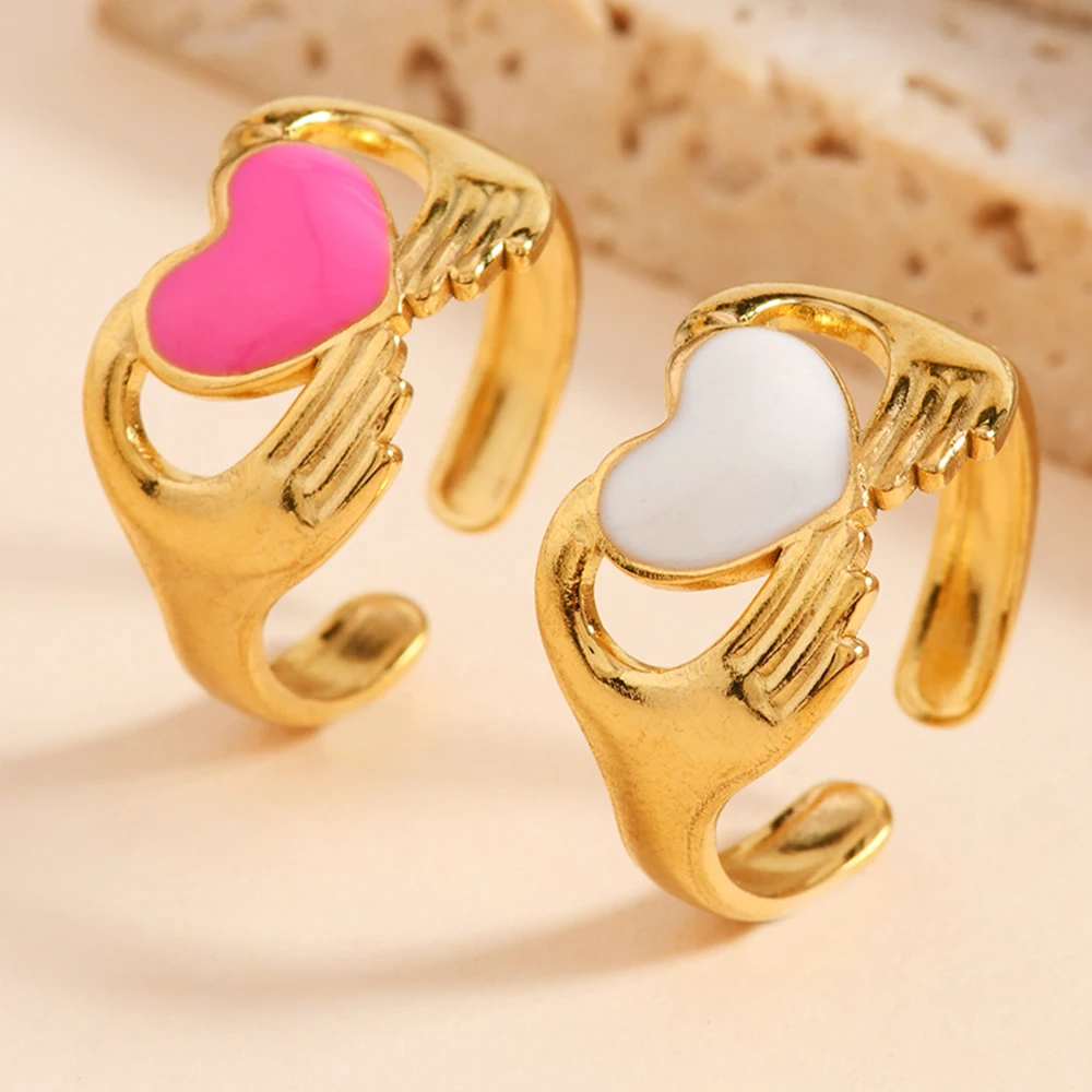 

Новое модное двухцветное белое розовое сердце из нержавеющей стали для женщин, минималистское открытое кольцо с каплями масла, романтическое ювелирное изделие для вечеринки