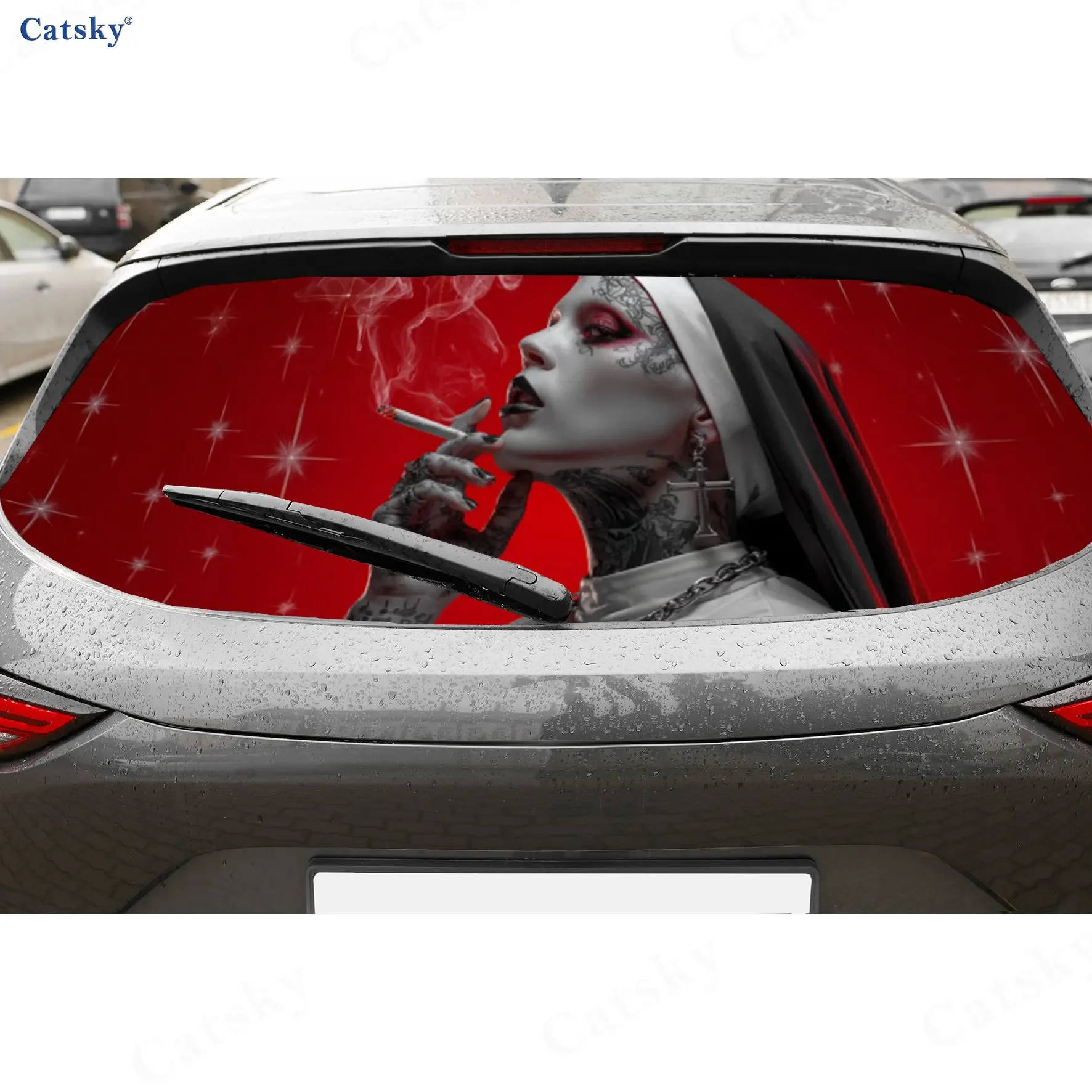 Rebel Nun Smoking Punk Brave Adventure PVC Perforated Car Vinyl Wraps, Durable Car Rear Windshield Sticker, Waterproof Car Rear