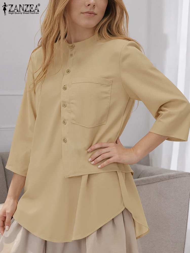 

ZANZEA Fashion Women Asymmetrical Tops 3/4 Sleeve Solid Shirts Elegant Button Up Loose Casual Blouse 2025 Autumn Office Blusas