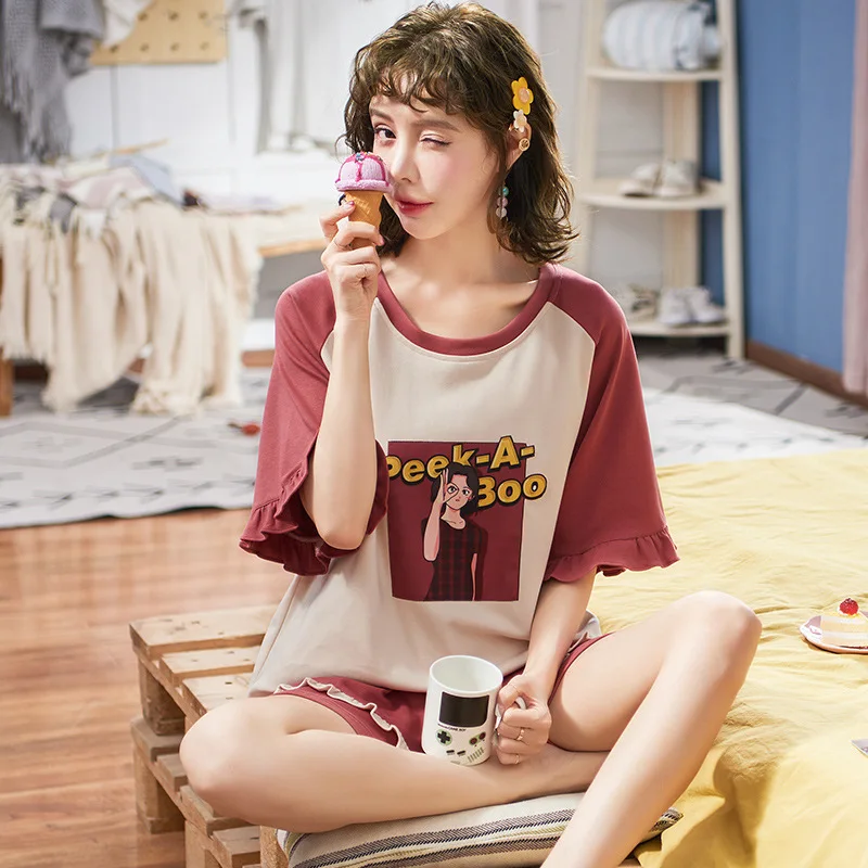 New Sleepwear Cartoon Cotton Pajamas for Women Short Pants Short Sleeved Summer Hot Pajamas Set Fashion Ladies Sleepwear