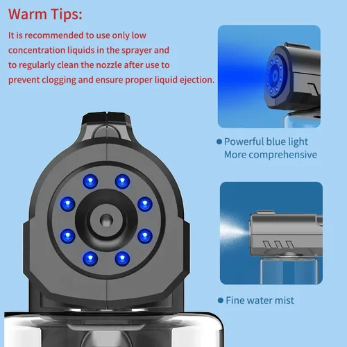Imagen 2 del producto Nuevo estilo, botella pulverizadora de peluquero de 280Ml, inalámbrica, eléctrica, USB, Nano luz azul, pistola pulverizadora de vapor, casa de jardín