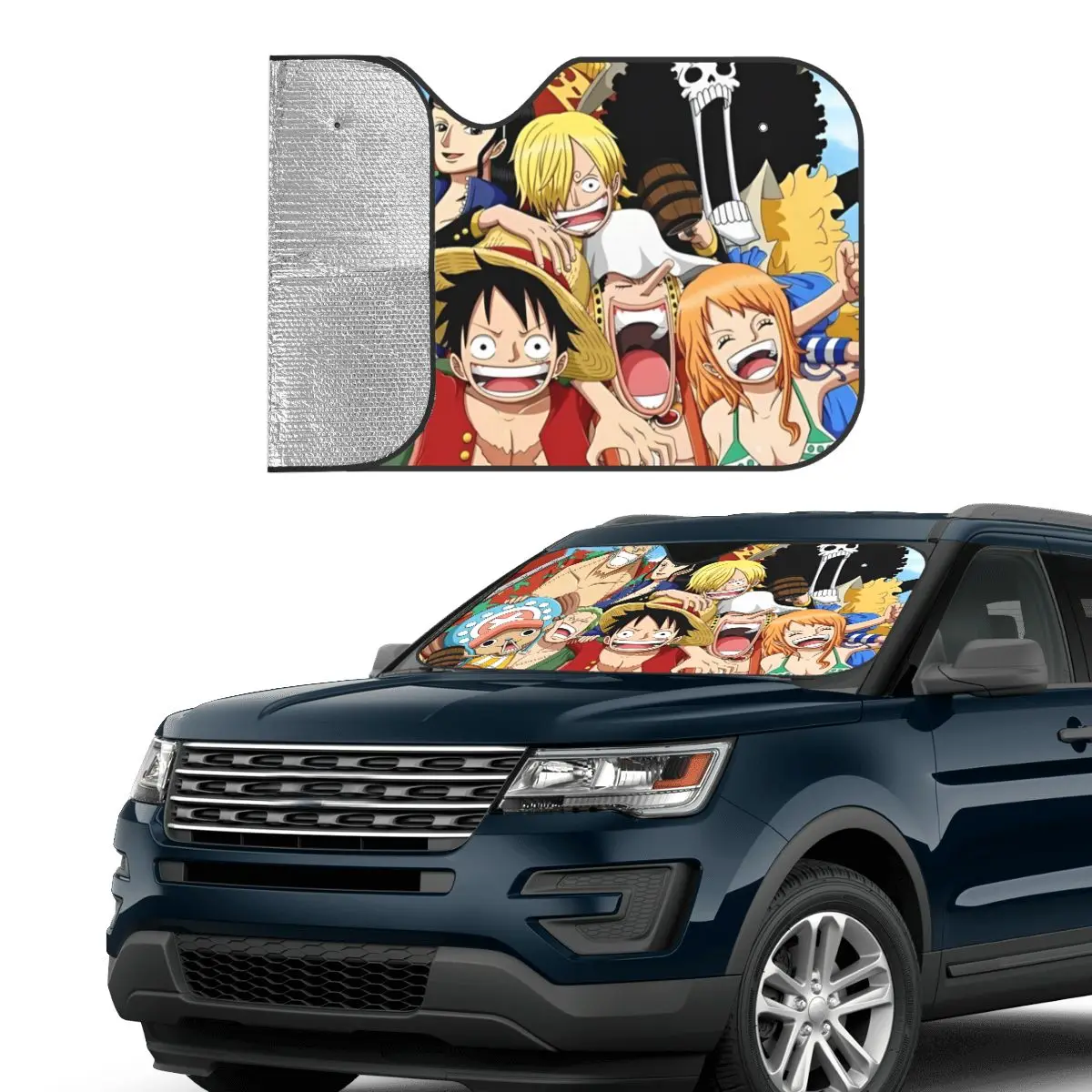 One Piece Windshield Sunshade Japanese Anime Folding Car Front Windshield 76x140cm Sun Visor Sunscreen Curtain