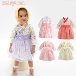 Baby Infant Girls Traditional Korean Hanbok Fashion Style Dress Cotton Long Sleeve Print 1-6 Years Old Children Asian Clothing