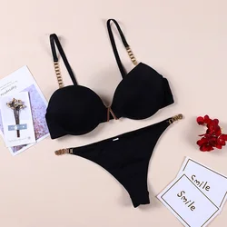 Women Sexy Bra V-shaped Metal Underwear Set Low Waist Underwear T Trouser Bra Set Two Piece Push Up Push Up Bras ​lingerie Set