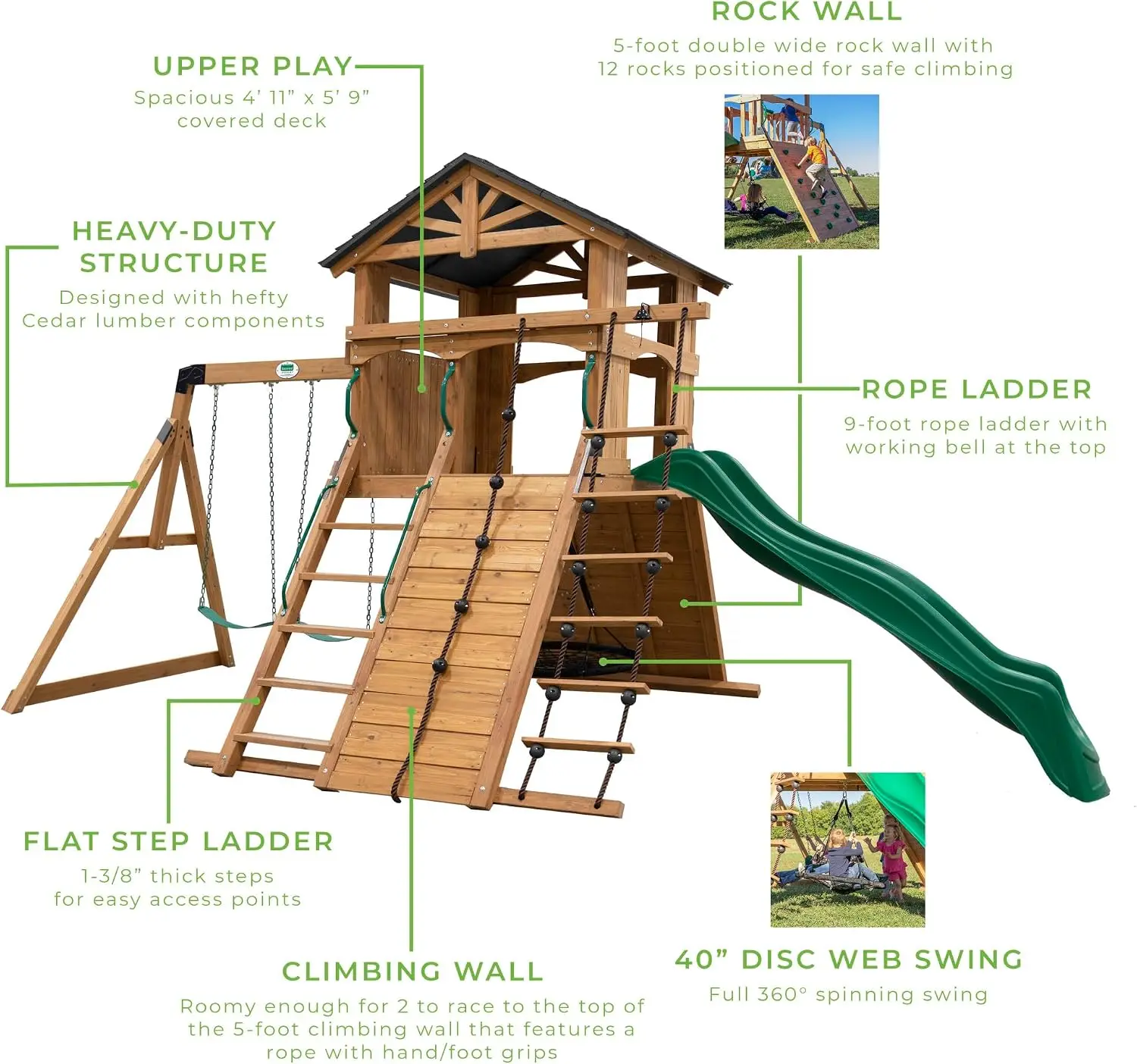 Endeavor All Cedar Wood Swing Set Playset for Backyard with Large Clubhouse Wave Slide Rope Ladder Rock Climbing Wall Wave Slide