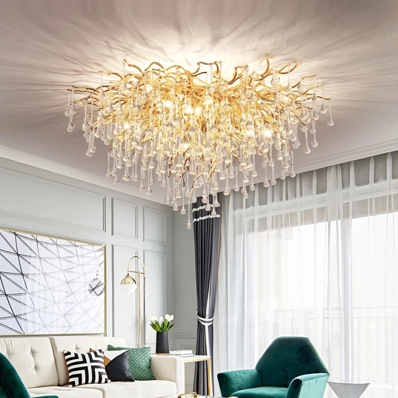 Luxury Modern Crystal Ceiling Bedroom Chandelier Round Glass Cristal Gold Tree Branch Ceiling Chandeliers For Living Dining Room