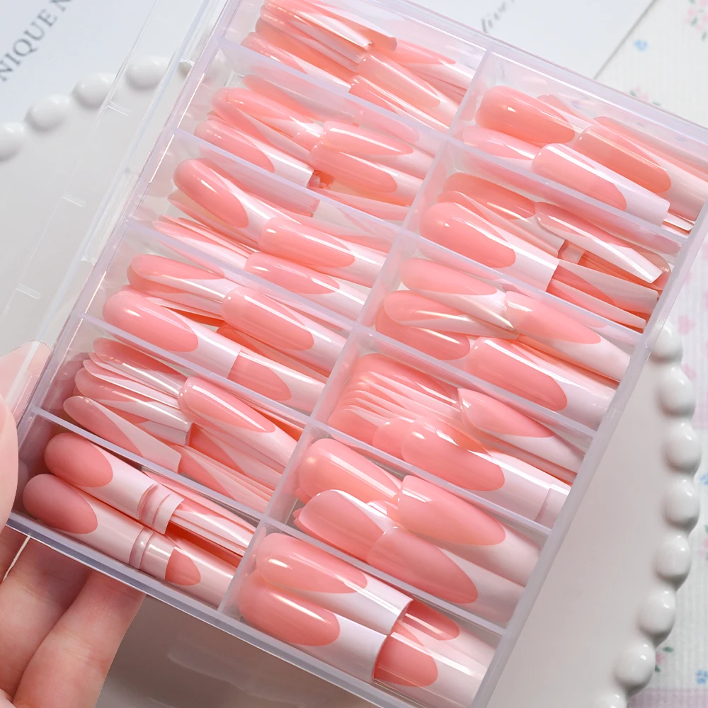 240pcs Oily Sheen Long Square French False Nails High Gloss Pink Wide White-tipped Press On Nails Full Cover Square Fake Nails