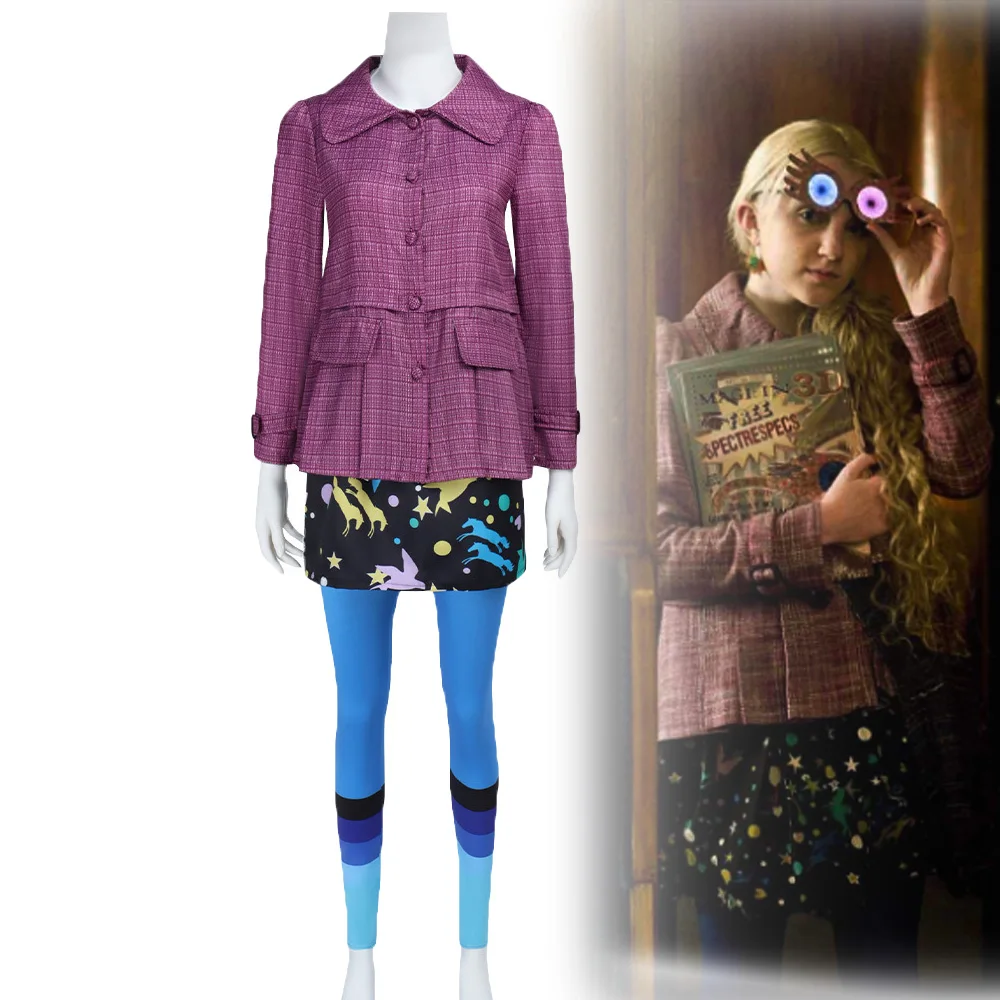 Película mágica Luna Lovegood disfraz de Cosplay púrpura abrigo a cuadros falda calcetín traje femenino fiesta de Halloween mujer niños ropa