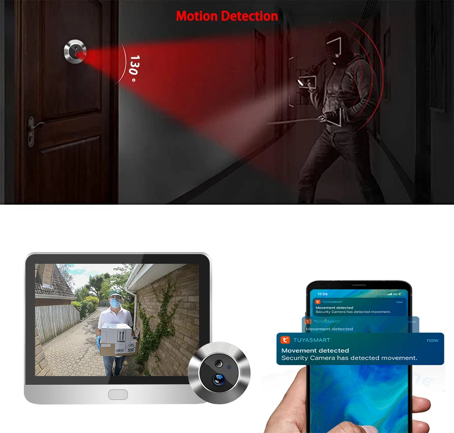 Tuya Peephole Door Camera Wifi 3MP Video Eye Night Vision Motion Detection Digital Peephole Smart Home Monitoring for Apartment