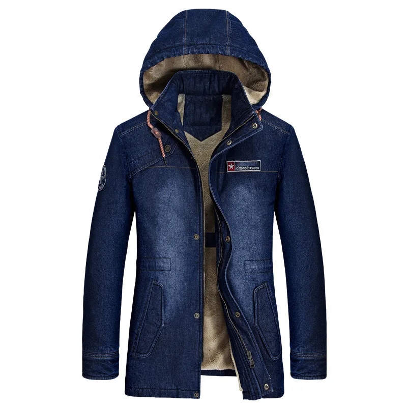 Winter Jacket Men\'s Denim Coat Mid-long Plus Velvet Thick Warm Pure Cotton Jackets Coats Hooded Overcoat Men Windbreaker M-5XL