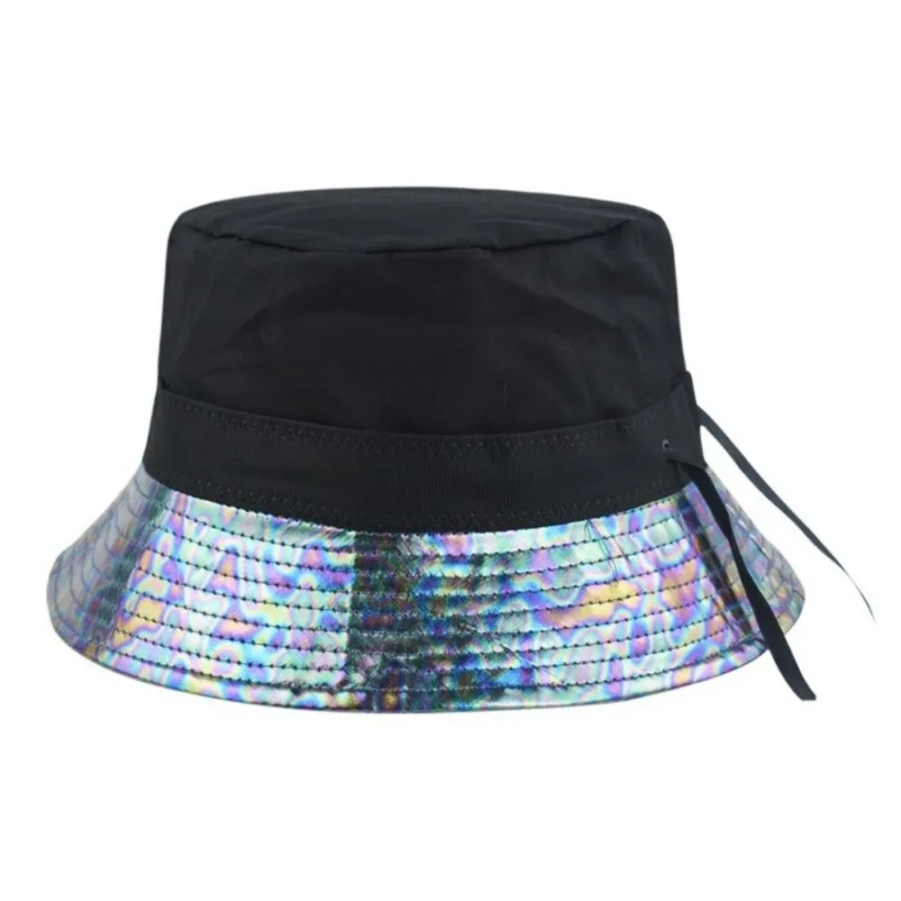 High Quality Leather Luminous Bucket Hat Wide Brim Solid Color Laser Rainbow Fisherman Hat Gold Silver Shiny Sun Cap Summer