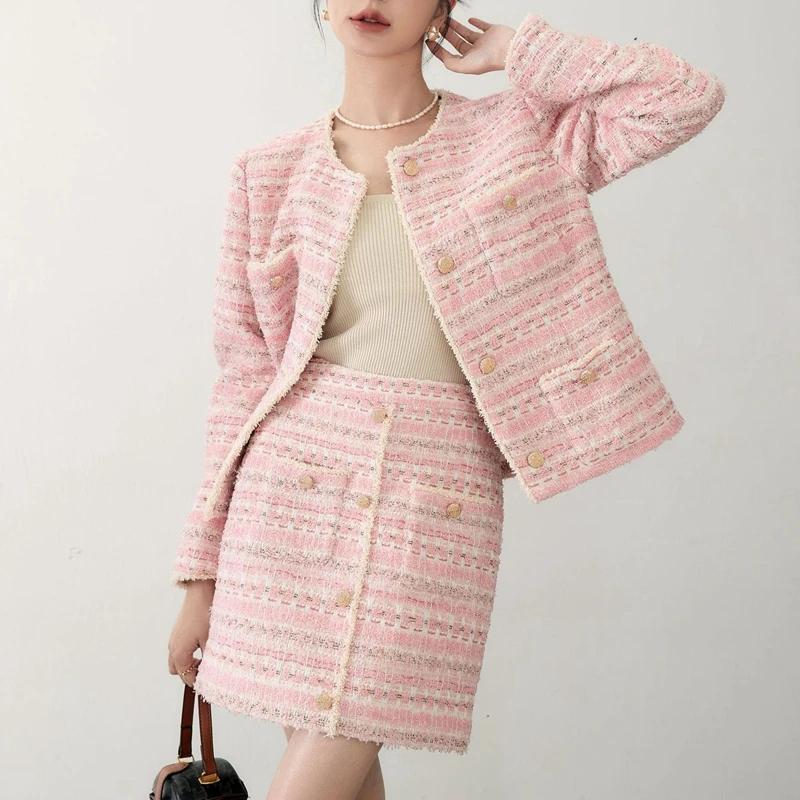 

Autumn Winter Clothes 2023 Korean Fashion Pink Plaid Tweed Jacket and Skirt Sets Women 2 Piece Outfit Roupas Feminina