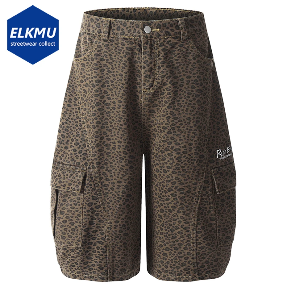 

Мужские леопардовые шорты, лето 2025 г., повседневные свободные шорты, лоскутные шорты-карго с боковым карманом