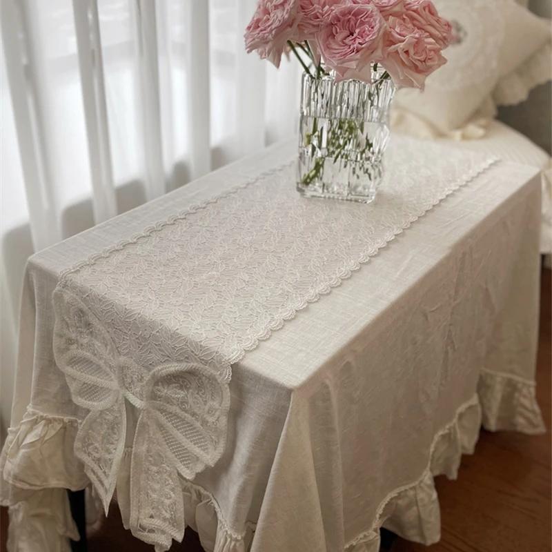 Pink Lace Tablerunner Bow Cabinet Decorative Tablecloth French Elegant White Embroidered Diningtable Coffeetable Table Runner