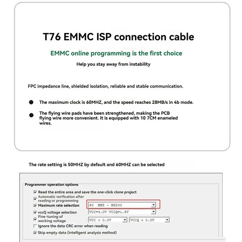 Qy-EMMC ISP كابل التوصيل 60Mhz 28MB/S لوح مهايئ خاص لبرمجة EMMC داخل الدائرة لمبرمج T76