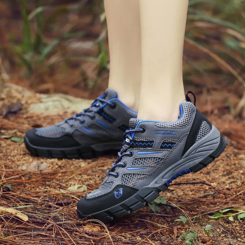 รองเท้าเดินป่าผู้ชายกันลื่นสบายรองเท้ากีฬากลางแจ้งแบบไม่มีส้นผู้ชายแบบผูกเชือกทนต่อการสึกหรอนุ่มระบายอากาศรองเท้าลำลองผู้ชาย