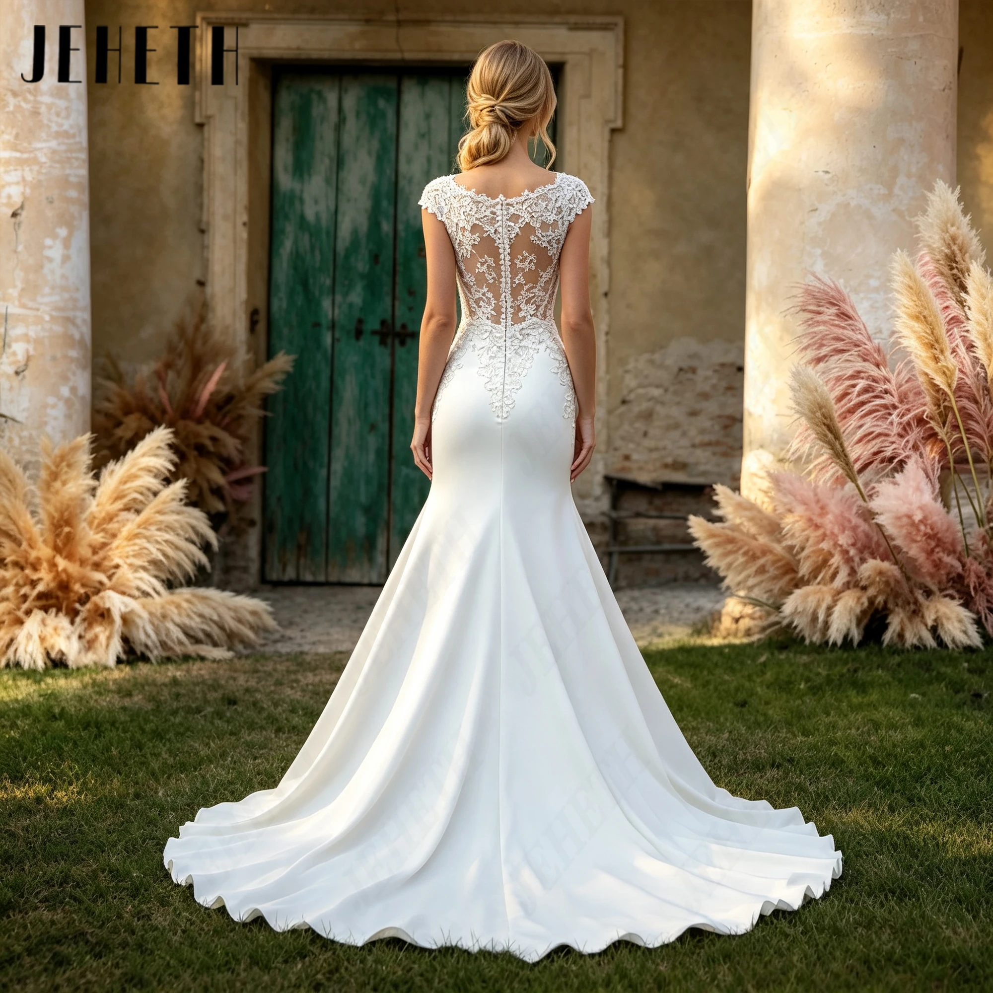 JEHETH Cap Sleeves V Neckline Wedding Dresses Personalized Illusion Back Mermaid Bridal Gown Court Train Boho Bride Gowns