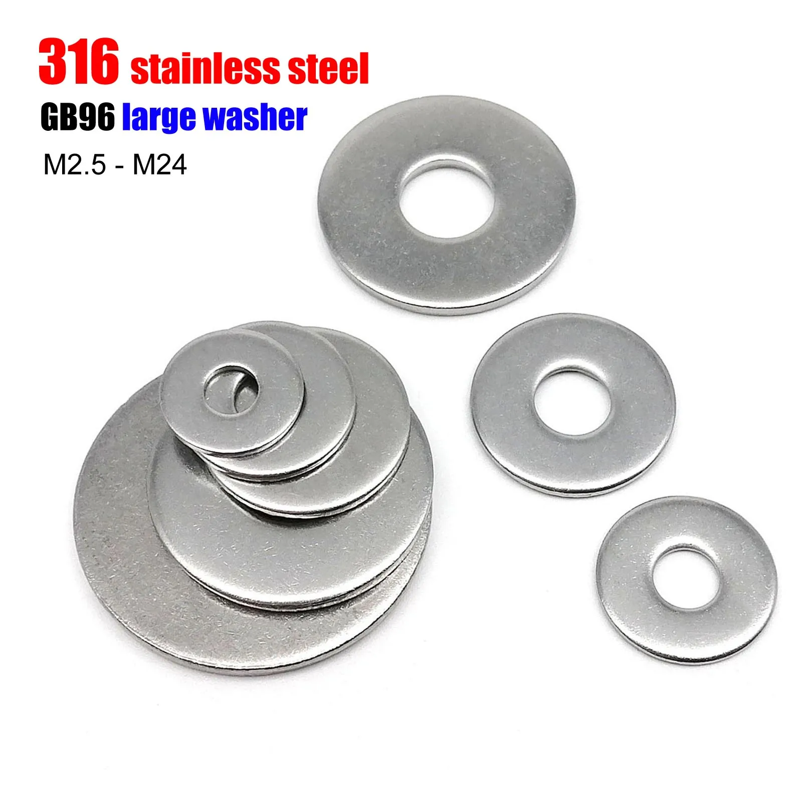Arandela Plana Ancha de Gran Tamaño, Acero Inoxidable 316 de Grado Marino A4, GB96, M2.5 M3 M4 M5 M6 M8 M10 M12 M16 a M24