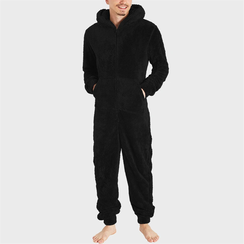 Men Sleepwear Artificial Wool Long Sleeve Pajamas Casual Solid Zipper Loose Hooded Jumpsuit Pajamas Casual Winter Warm Homewear