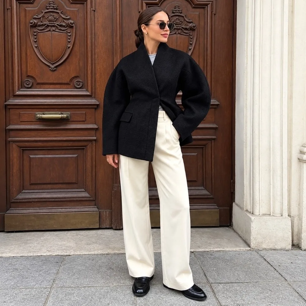 Short Length Women Short Wool Coat Fitted Waist Bubble Sleeve Wrap Neck Overcoat Women Winter Wool Outercoat Winter Commute