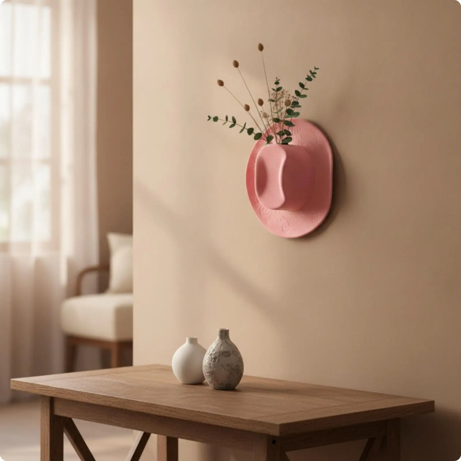 Hat Shaped Vase Flocked Wall Vase Embossed Wall Pocket for Living Room, Bedroom,