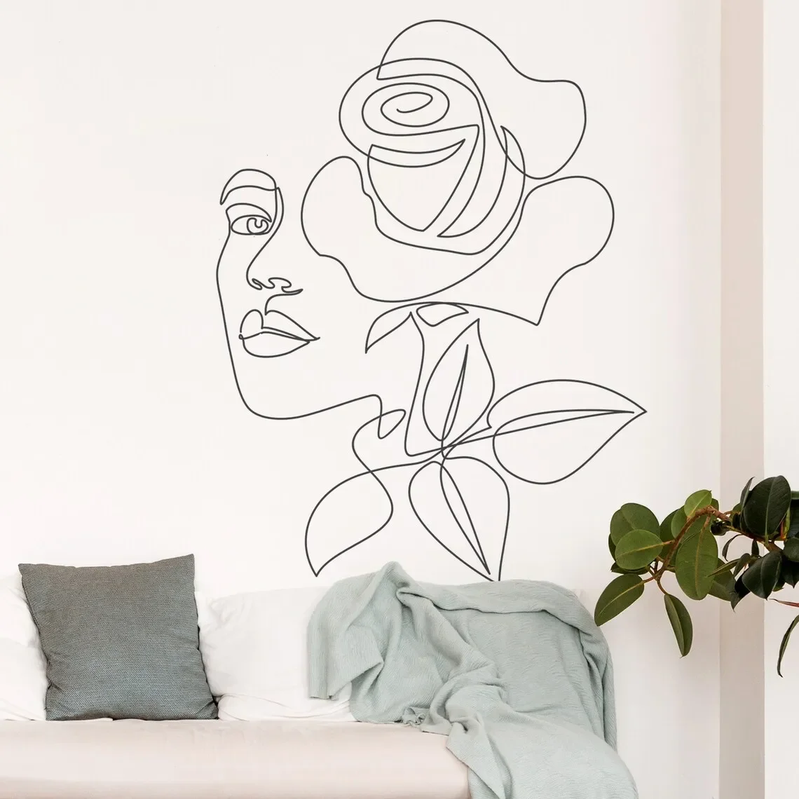 Chic and Elegant Line Drawing Floral Head Wall Decal – Modern Art for Stylish Interiors Wall Stickers Beauty Salon E949