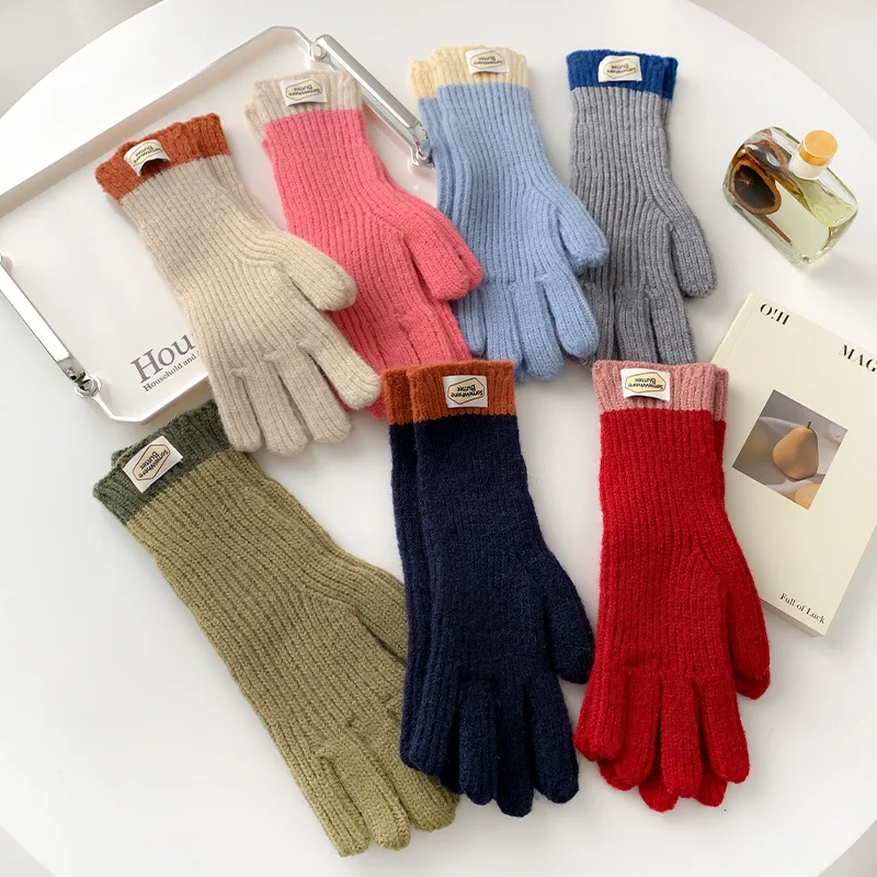 Women Thermal Knitted Gloves Winter Labeled Thickened Thermal Gloves Touch Screen Striped Finger Unisex Thermal Gloves