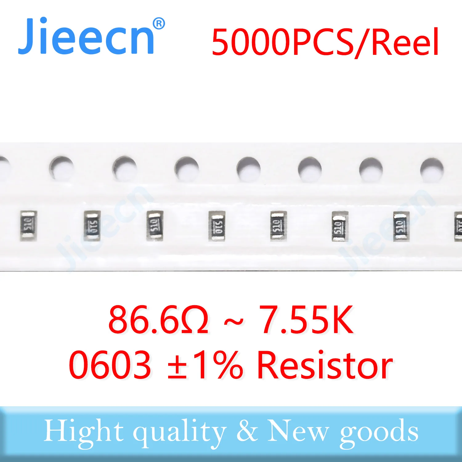 Jieecn 5000PCS 0603 F 1% SMD Resistor 86.6R-7.55K 1/10W 499R 510R 97.6R 100R 110R 910R 1K 1.1K 4.99K 49.9K 976R 9.76K ohm 1608