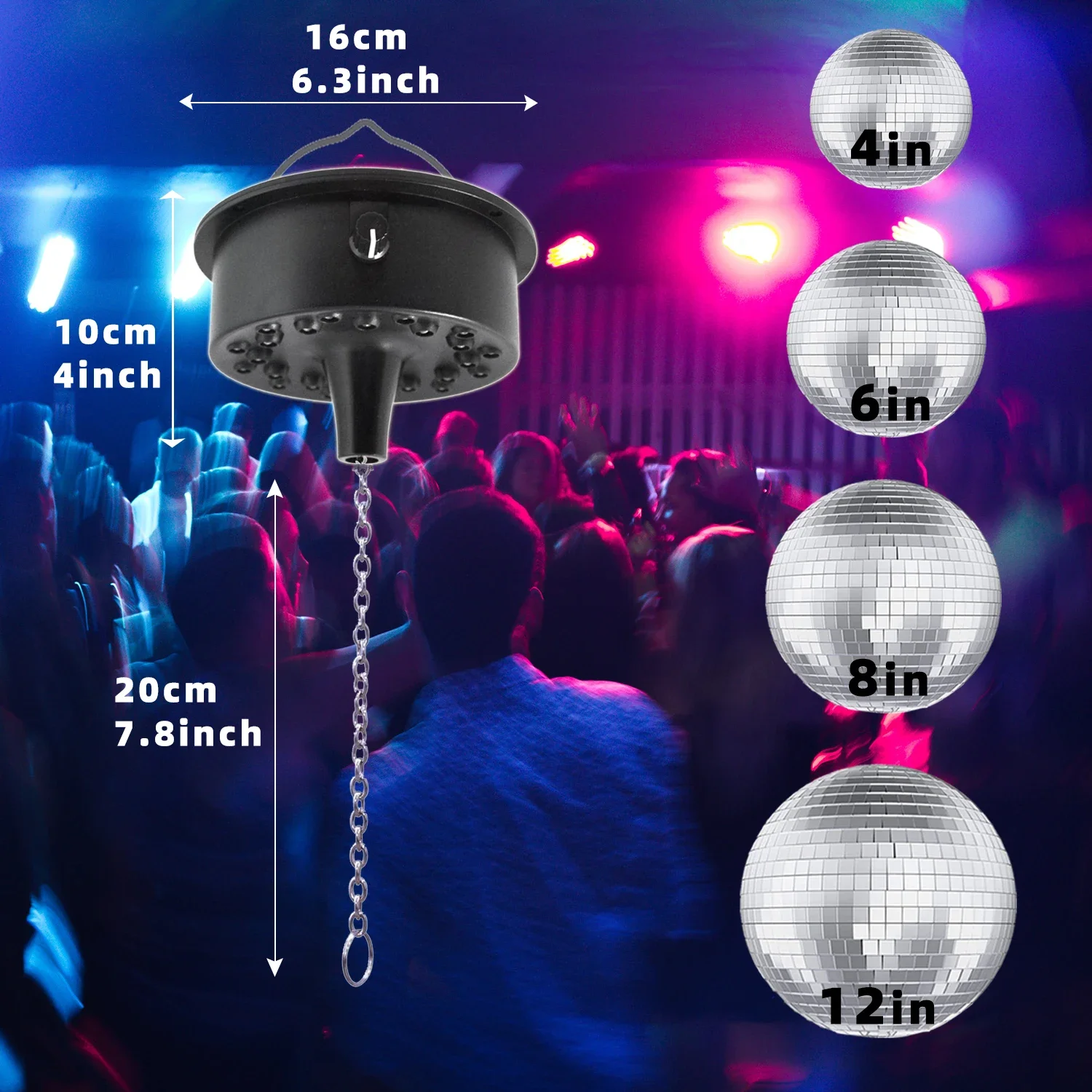 Adjustable Mirror Ball Rotating Motor with 24 RGB Led Light for 4 6 8 12" Disco Balls (Not Include)