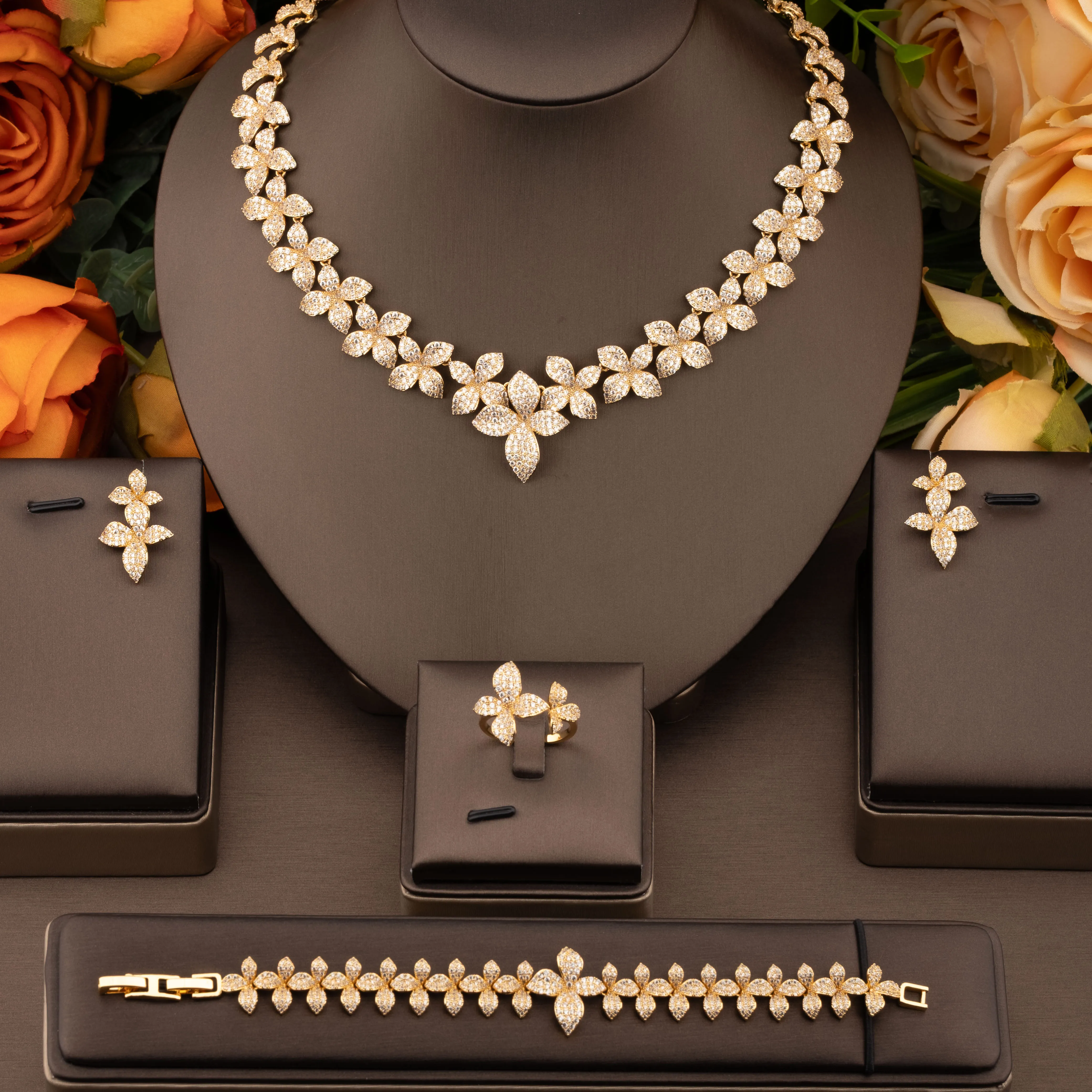 1 set of luxurious and elegant jewelry set with sparkling cubic zirconia flower design, suitable for women to wear at weddings and banquets. Gift box not included