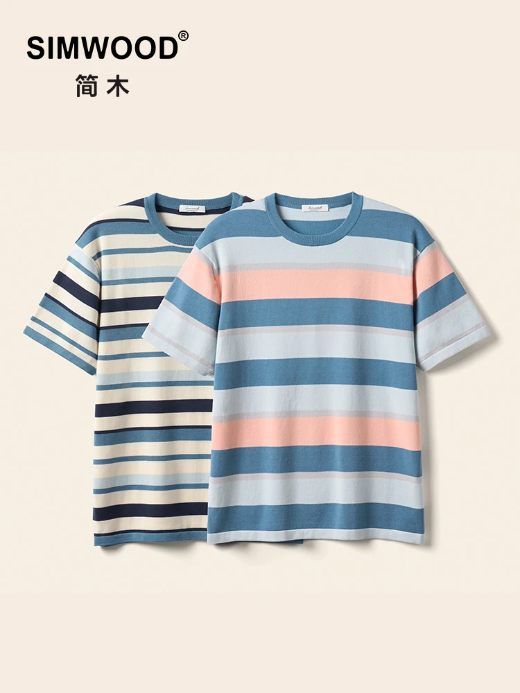 

SIMWOOD Summer New Oversize Knitted T-shirts Men Fashion Contrast Color Striped Comfortable Tops
