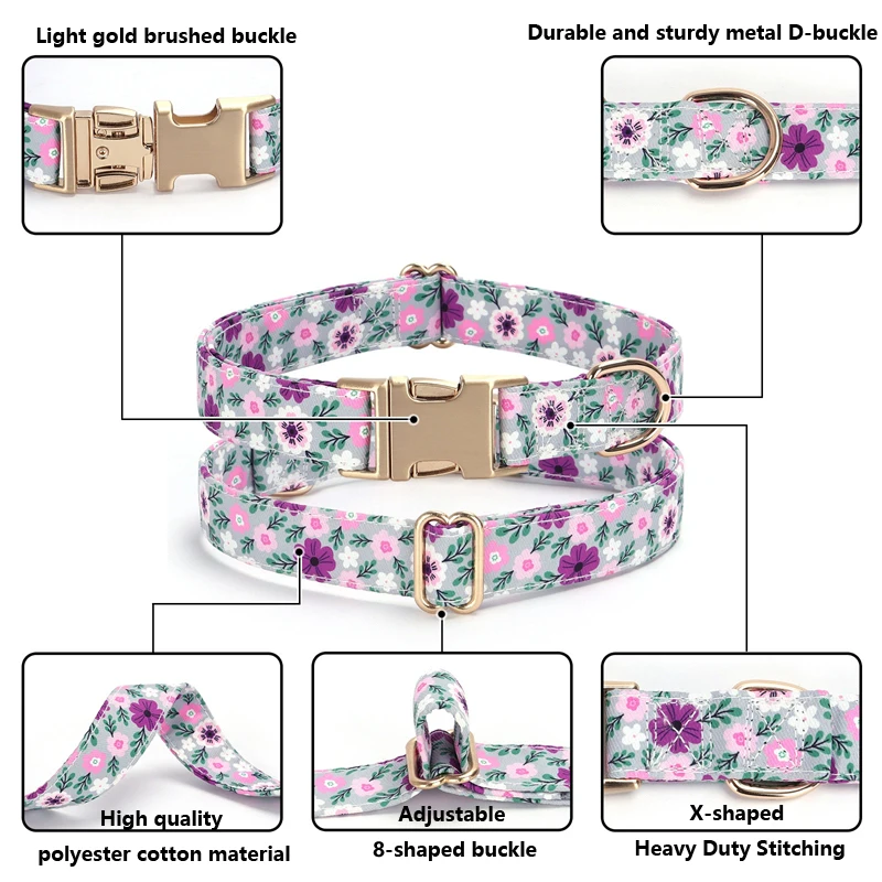 Engraved Dog Collar With Leash Personalized Anti-lost Engraving ID Tag Nameplate Custom Cute Flower Leash And Collar For Dogs view 3