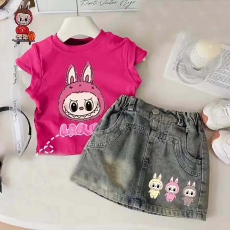 

Labubu New Girl Tops Denim Shorts Cute Cartoon Fashion Trends Drawstring Trendy Thin Style Western Style Two-Piece Set
