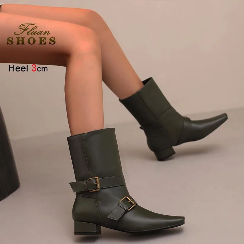 موضة 3 سنتيمتر كعب منخفض المرأة حذاء من الجلد جلد غير رسمي منتصف العجل الأحذية الخريف الشتاء السيدات أحذية عدم الانزلاق وحيد أحذية بوت قصيرة