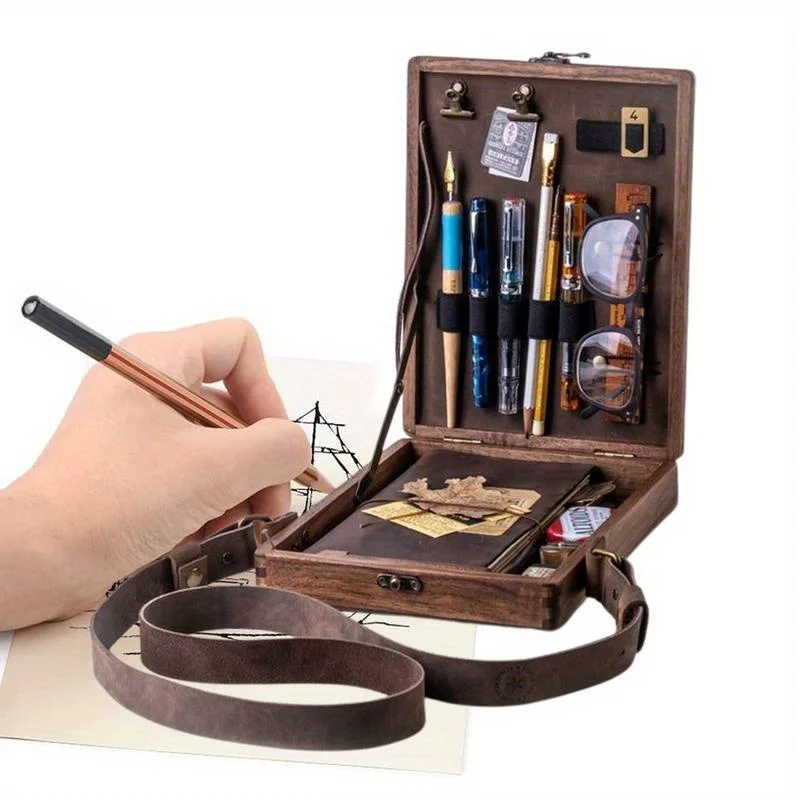1Pc Writers Messenger Wood Box A5 Wooden Retro Trend Shoulder Bag Postman Outdoor Briefcase Art Supplies Storage Home Decor