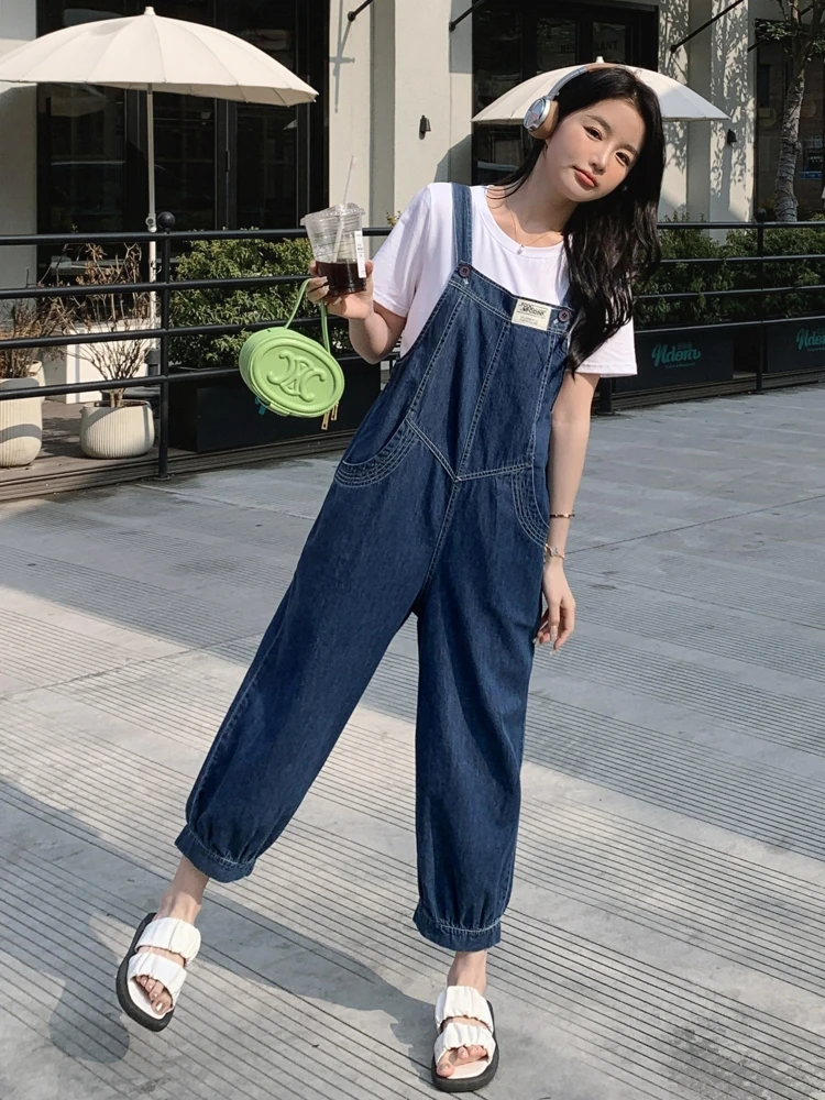 

Летний новый женский джинсовый комбинезон-двойка: повседневный комплект из футболки и брюк из хлопка с коротким рукавом и круглым вырезом