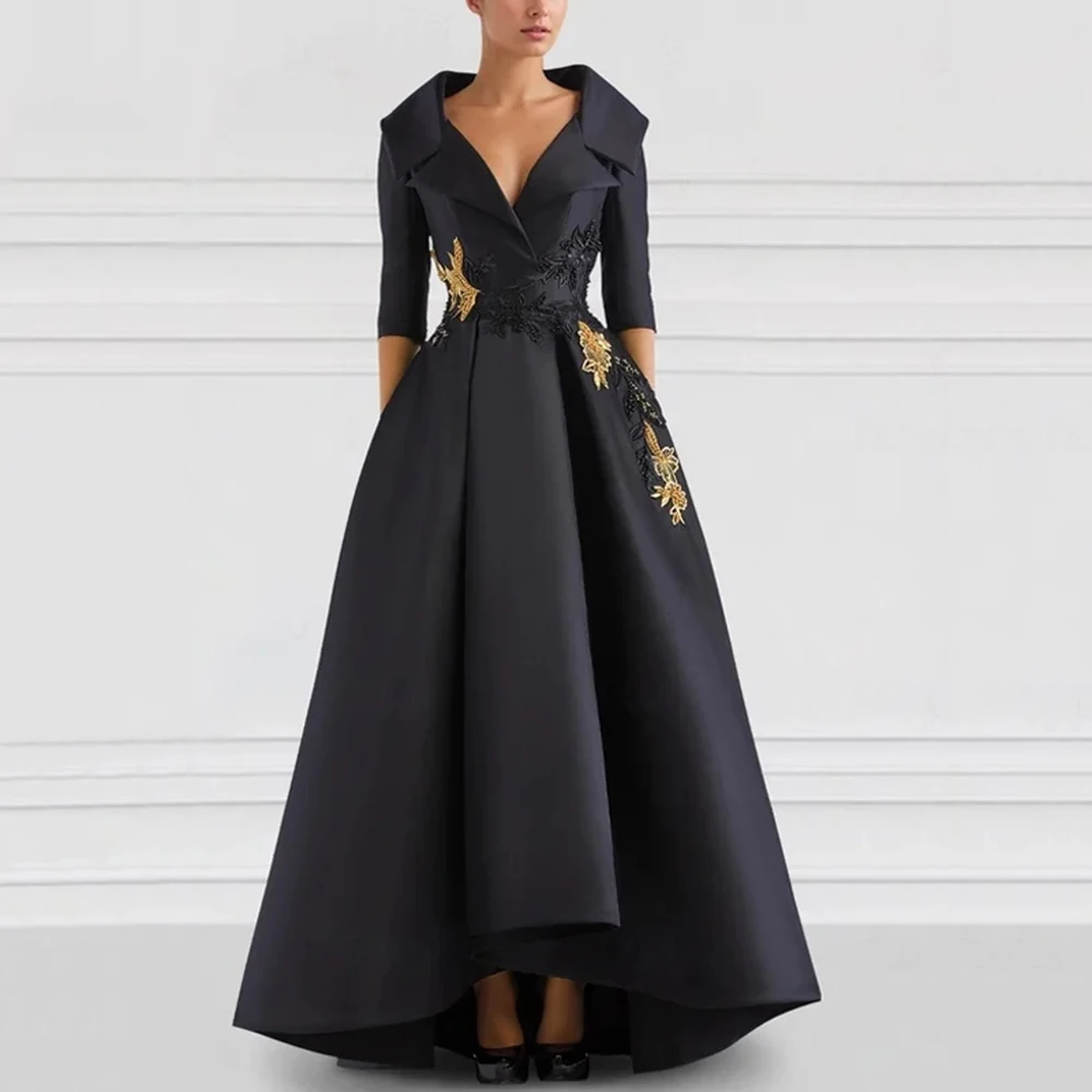 

Customized V-neck Draped Satin Evening Dress Appliques A-line Watteau Train Party Dress Half Sleeves Ankle Length Prom Gown
