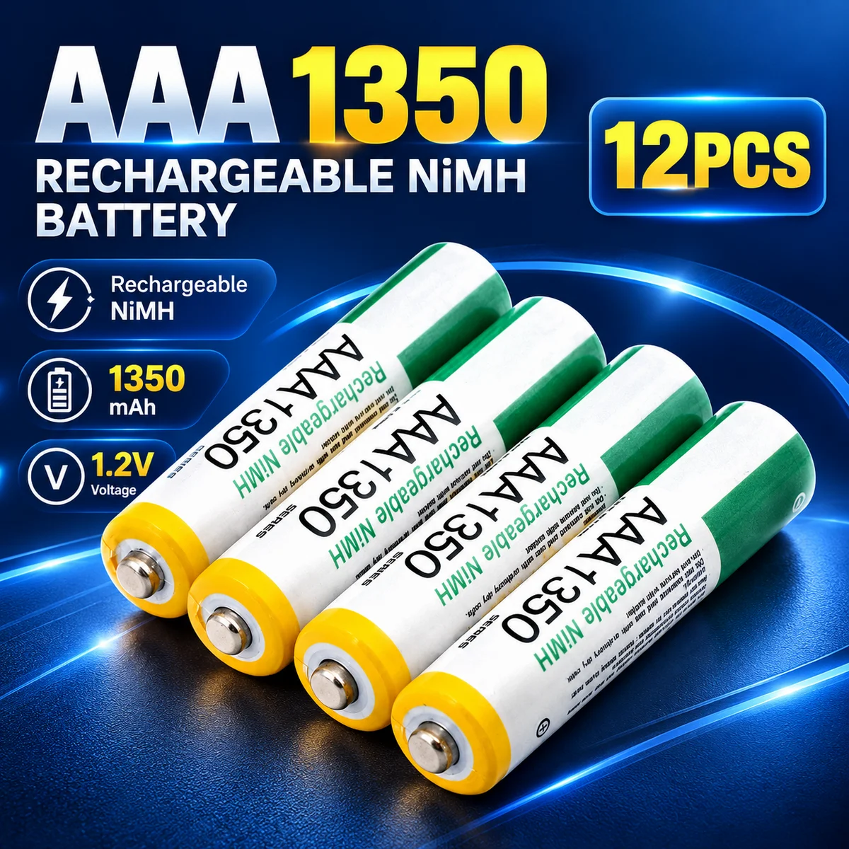 AAA 1350mAh 1.2V Ni-MH Rechargeable Batteries 12PCS, High Density High Power Pack for Children's Toy Battery Applications
