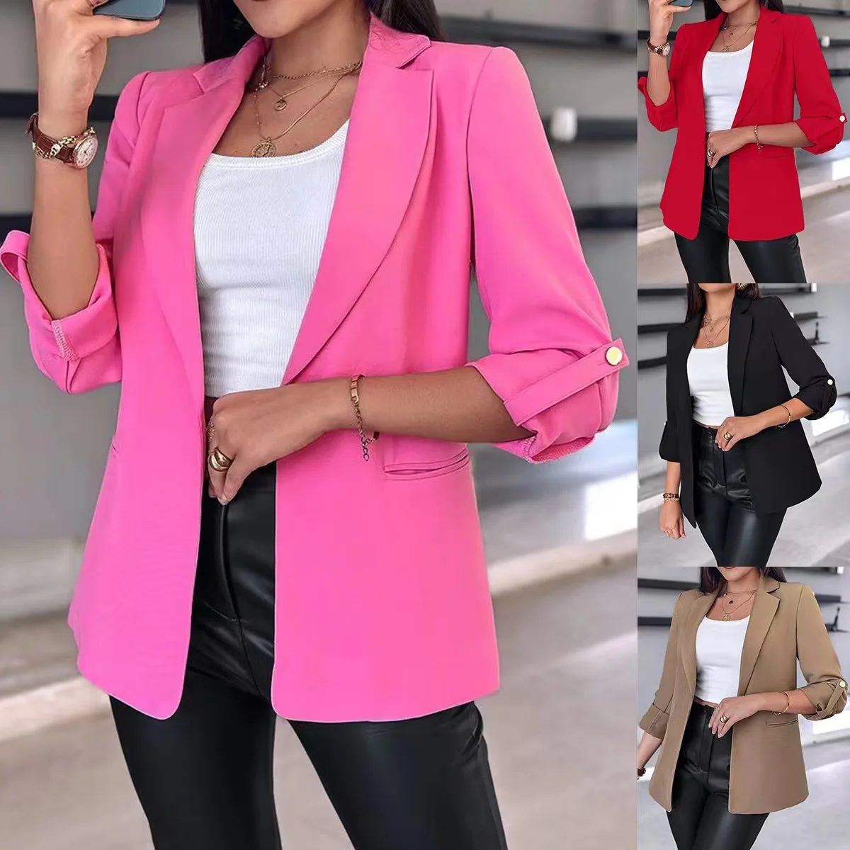 

2025 New Women Fashion Office Wear Open Blazer Coat Vintage Long Pleated Sleeves Flap Pockets Female Outerwear Chic Tops