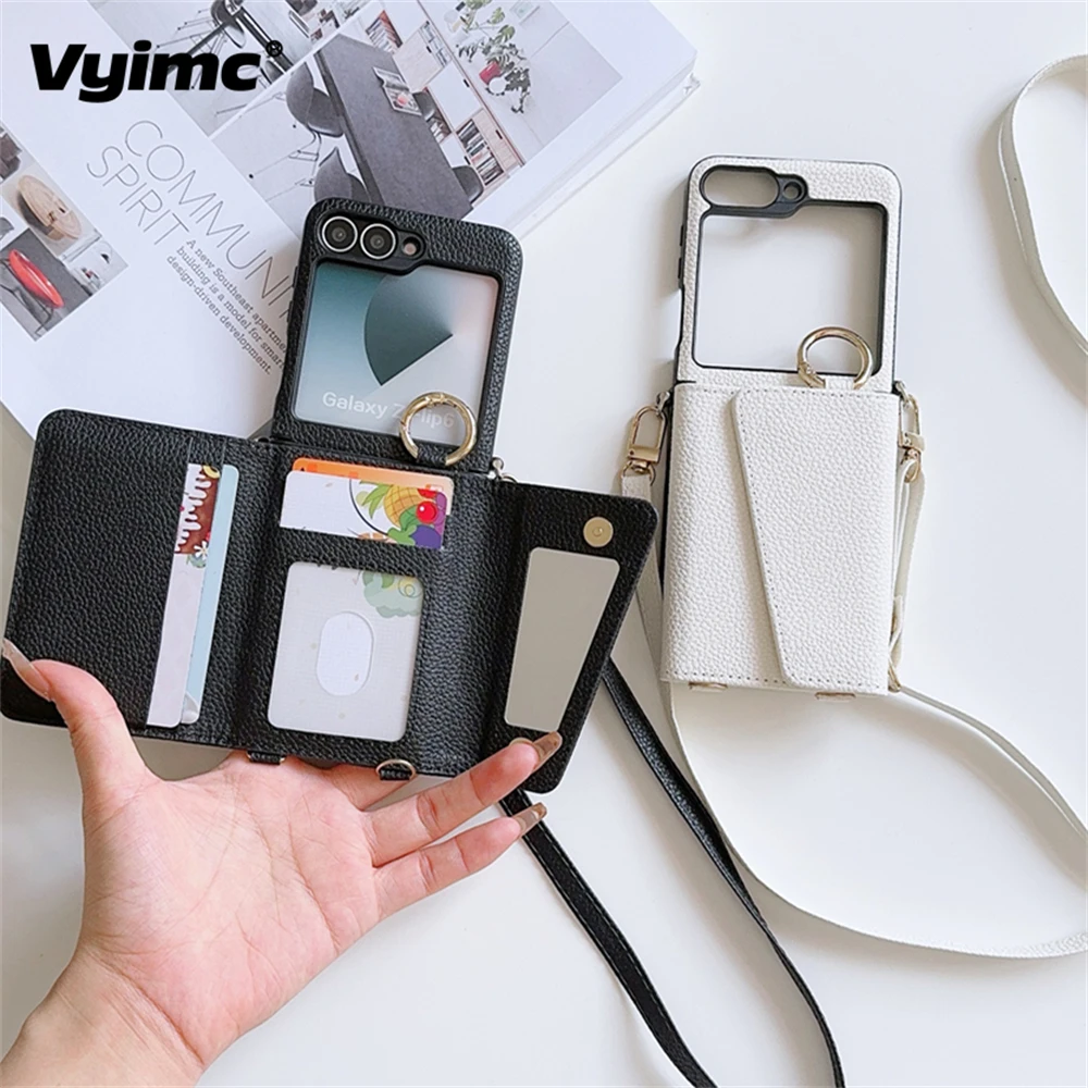 Etui na telefon ze smyczą ze skóry PU do Samsung Z Flip 3 4 5 Z Flip 6 5G w jednolitym kolorze