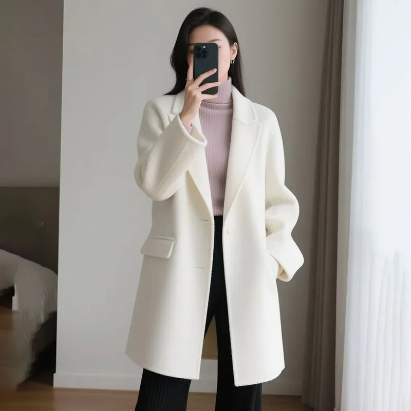 

Chic Casual Woolen Jacket Women Overcoat Autumn Winter New Fashion High-End Sense Loose Medium Long Slim Woolen Windbreaker Coat
